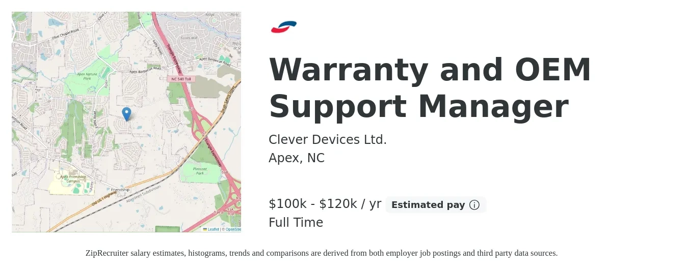 Clever Devices Ltd. job posting for a Warranty and OEM Support Manager in Apex, NC with a salary of $100,000 to $120,000 Yearly with a map of Apex location.