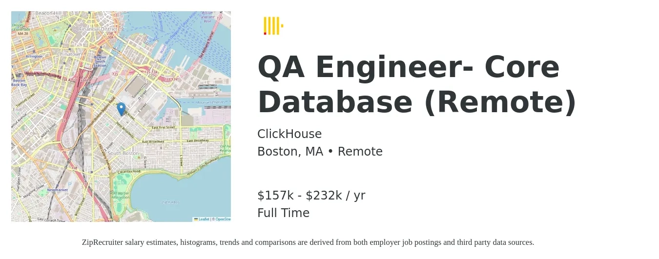 ClickHouse job posting for a QA Engineer- Core Database (Remote) in Boston, MA with a salary of $157,000 to $232,000 Yearly with a map of Boston location.