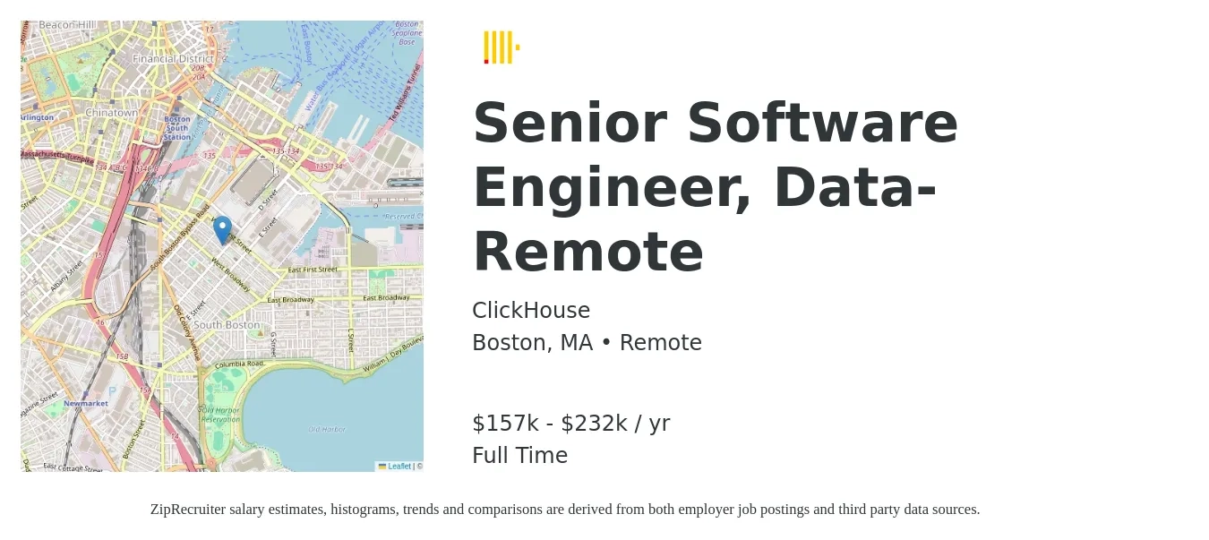 ClickHouse job posting for a Senior Software Engineer, Data- Remote in Boston, MA with a salary of $157,000 to $232,000 Yearly with a map of Boston location.