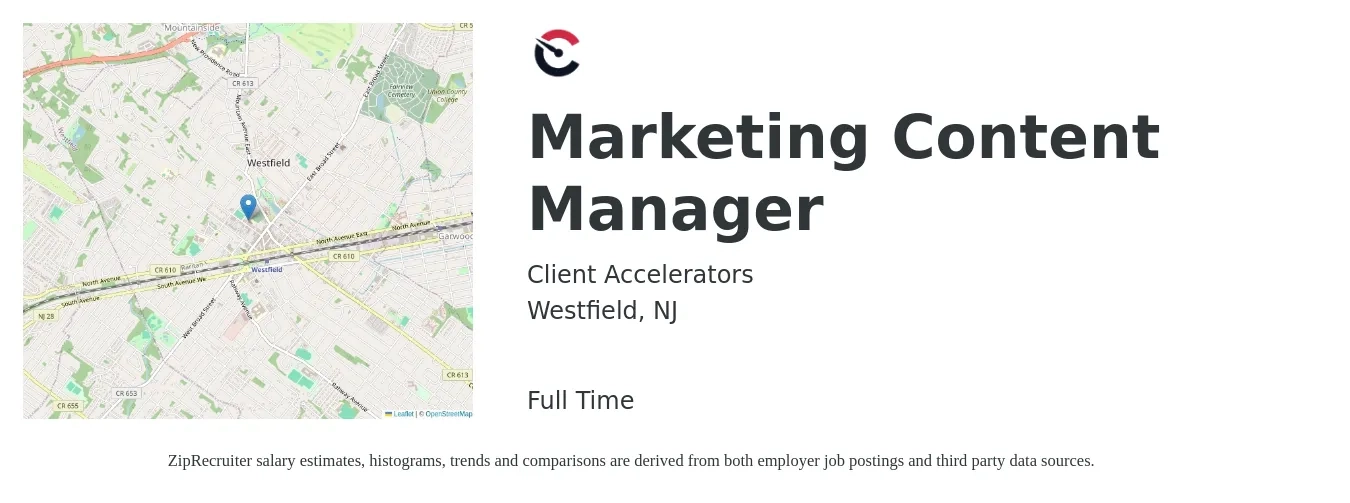 Client Accelerators job posting for a Marketing Content Manager in Westfield, NJ with a salary of $60,600 to $87,900 Yearly with a map of Westfield location.