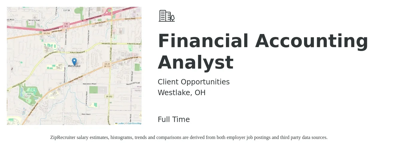 Client Opportunities job posting for a Financial Accounting Analyst in Westlake, OH with a salary of $51,800 to $76,400 Yearly with a map of Westlake location.