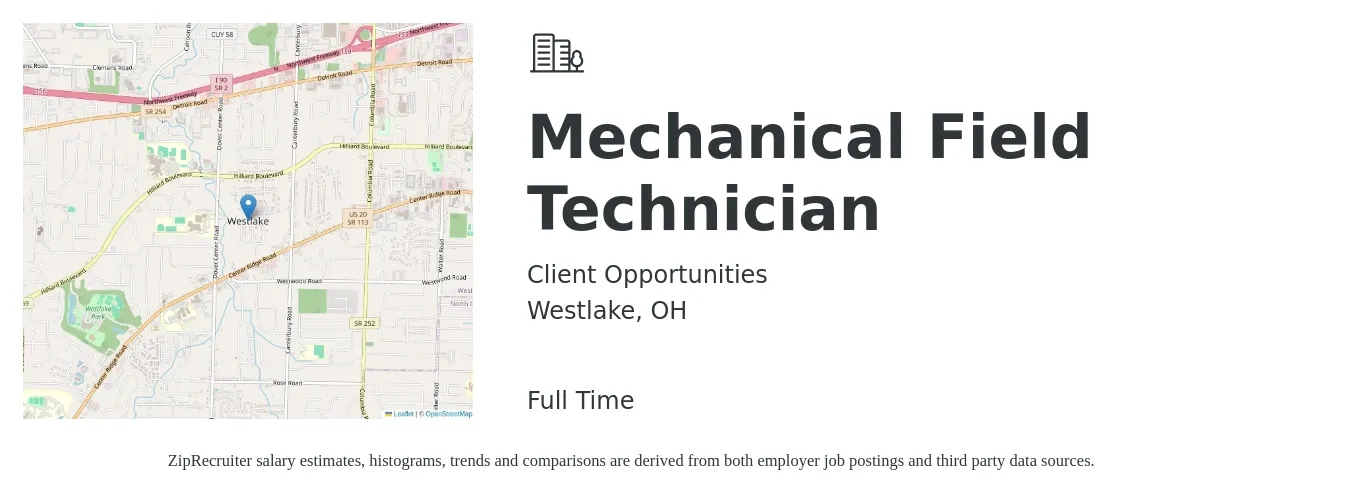 Client Opportunities job posting for a Mechanical Field Technician in Westlake, OH with a salary of $20 to $28 Hourly with a map of Westlake location.