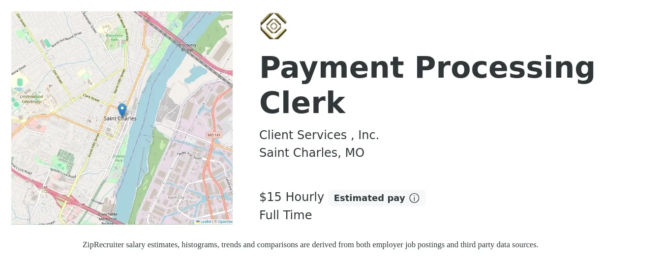 Client Services , Inc. job posting for a Payment Processing Clerk in Saint Charles, MO with a salary of $16 Hourly with a map of Saint Charles location.