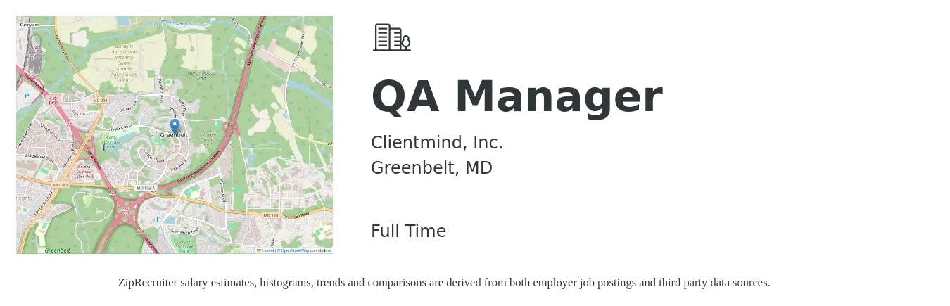 Clientmind, Inc. job posting for a QA Manager in Greenbelt, MD with a salary of $83,600 to $145,600 Yearly with a map of Greenbelt location.
