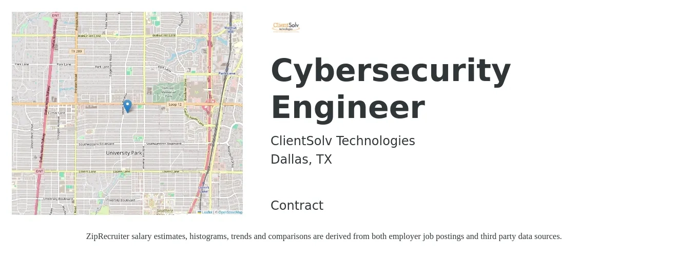ClientSolv Technologies job posting for a Cybersecurity Engineer in Dallas, TX with a salary of $160,000 Yearly with a map of Dallas location.