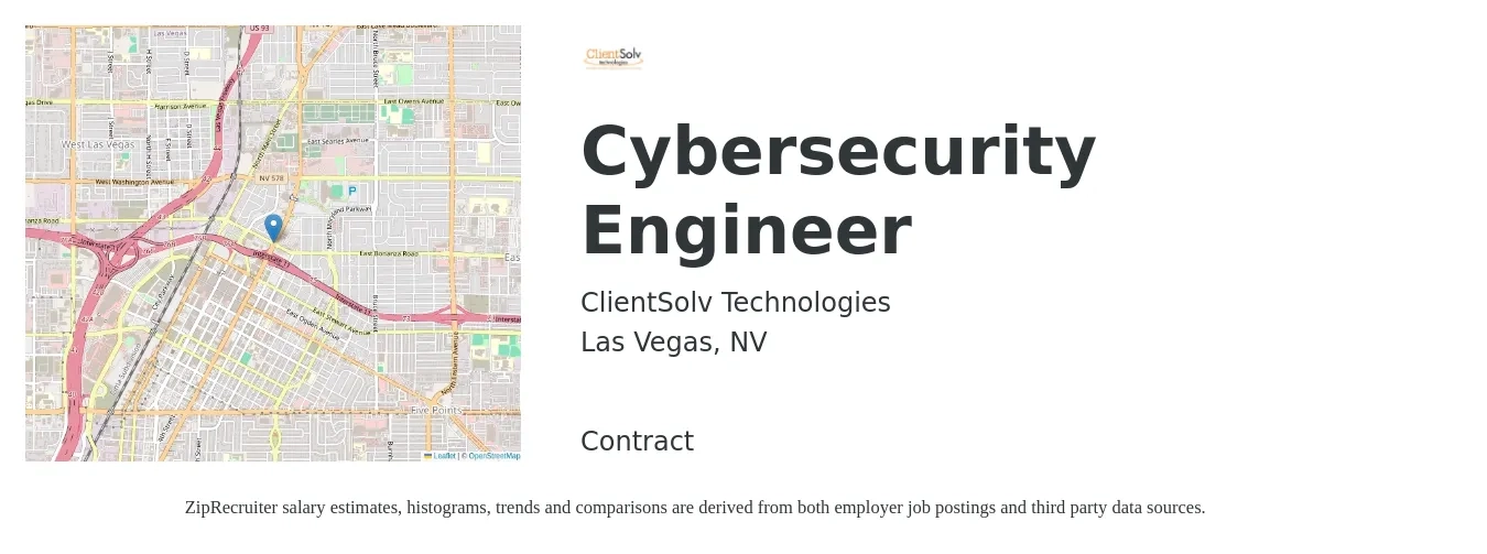 ClientSolv Technologies job posting for a Cybersecurity Engineer in Las Vegas, NV with a salary of $160,000 Yearly with a map of Las Vegas location.