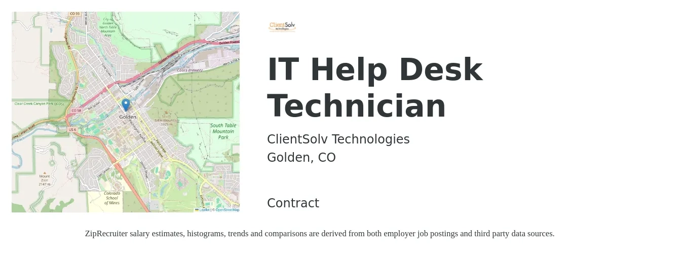 ClientSolv Technologies job posting for a IT Help Desk Technician in Golden, CO with a salary of $22 to $30 Hourly with a map of Golden location.