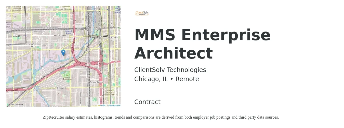 ClientSolv Technologies job posting for a MMS Enterprise Architect in Chicago, IL with a salary of $71 to $92 Hourly with a map of Chicago location.