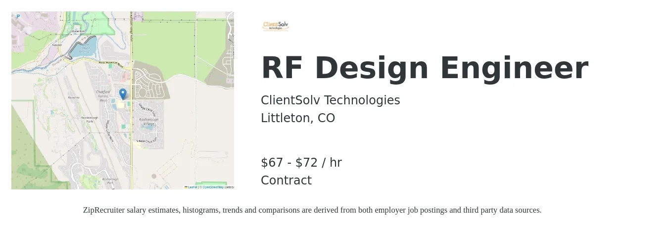 ClientSolv Technologies job posting for a RF Design Engineer in Littleton, CO with a salary of $70 to $75 Hourly with a map of Littleton location.