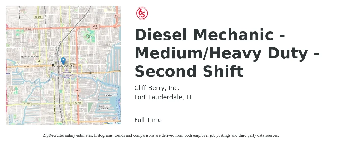 Cliff Berry, Inc. job posting for a Diesel Mechanic - Medium/Heavy Duty - Second Shift in Fort Lauderdale, FL with a salary of $24 to $32 Hourly with a map of Fort Lauderdale location.