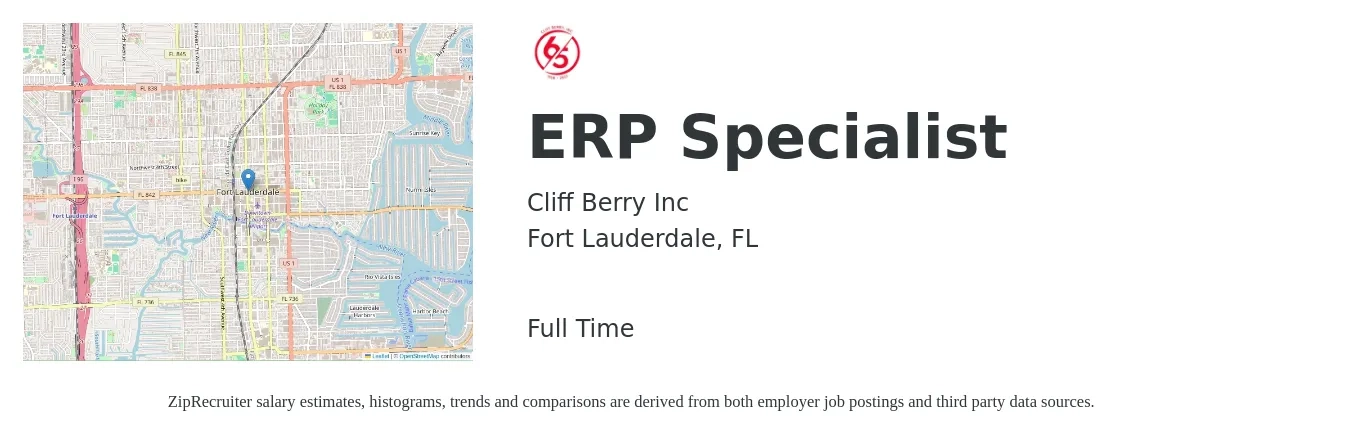 Cliff Berry Inc job posting for a ERP Specialist in Fort Lauderdale, FL with a salary of $22 to $57 Hourly with a map of Fort Lauderdale location.