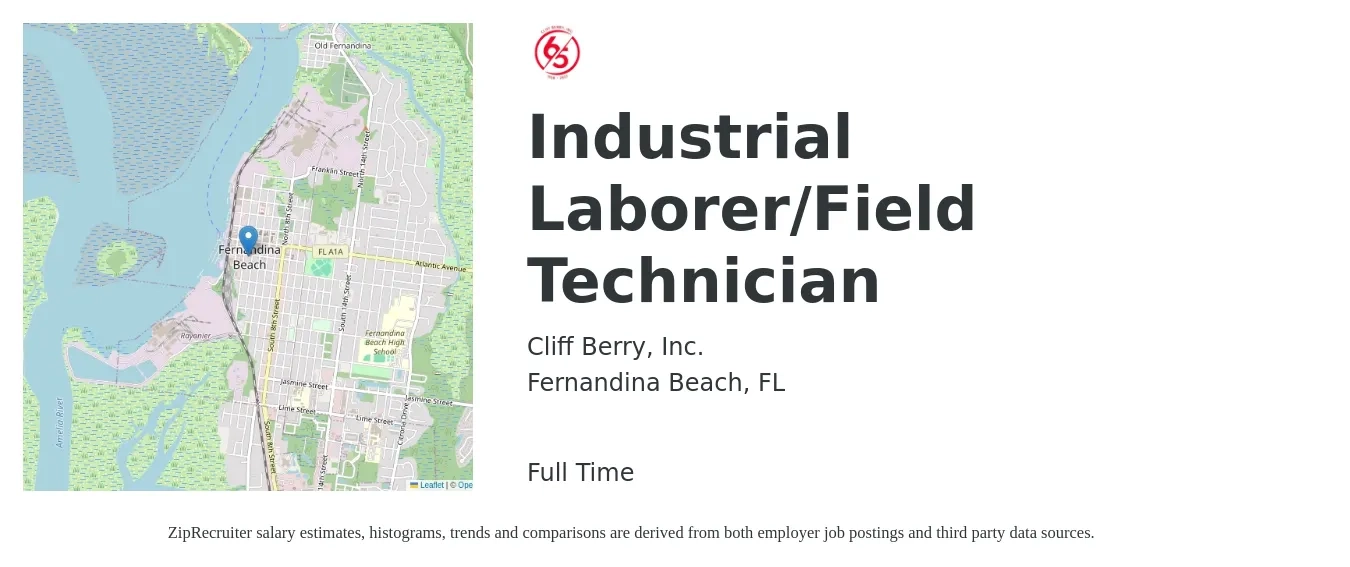 Cliff Berry, Inc. job posting for a Industrial Laborer/Field Technician in Fernandina Beach, FL with a salary of $18 to $25 Hourly with a map of Fernandina Beach location.