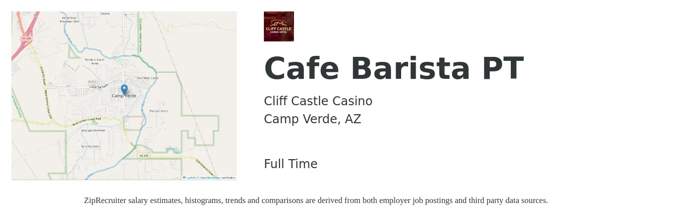 Cliff Castle Casino job posting for a Cafe Barista PT in Camp Verde, AZ with a salary of $15 to $17 Hourly with a map of Camp Verde location.