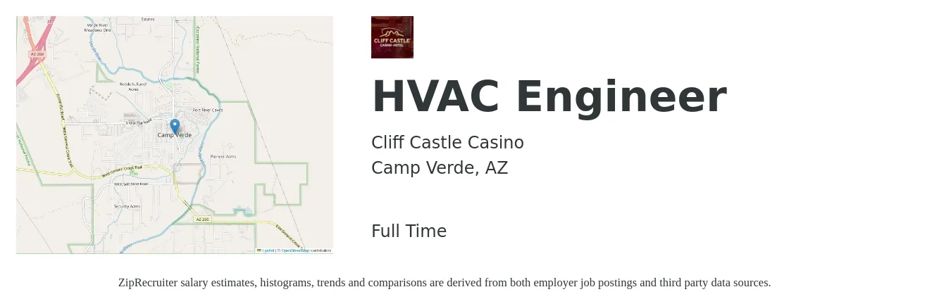 Cliff Castle Casino job posting for a HVAC Engineer in Camp Verde, AZ with a salary of $28 to $51 Hourly with a map of Camp Verde location.