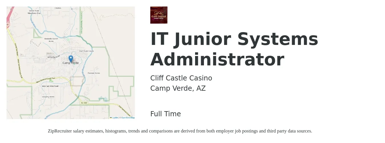 Cliff Castle Casino job posting for a IT Junior Systems Administrator in Camp Verde, AZ with a salary of $50,500 to $70,200 Yearly with a map of Camp Verde location.