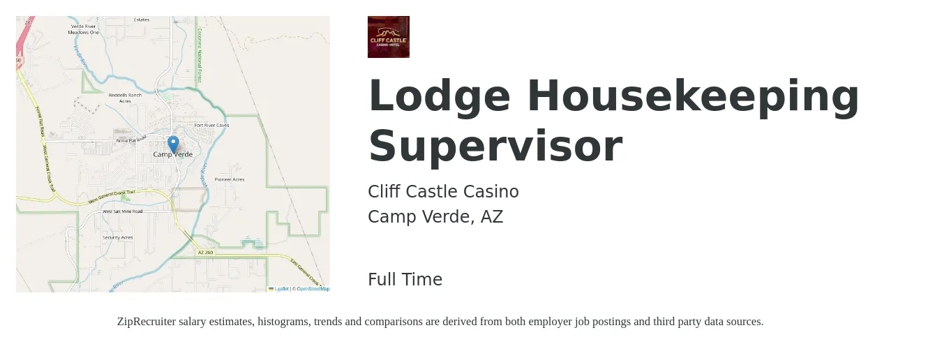 Cliff Castle Casino job posting for a Lodge Housekeeping Supervisor in Camp Verde, AZ with a salary of $16 to $23 Hourly with a map of Camp Verde location.