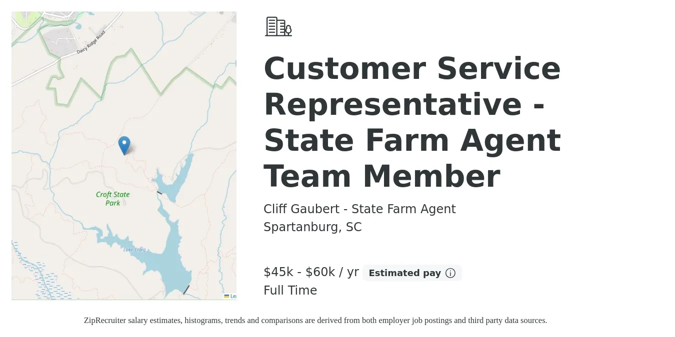 Cliff Gaubert - State Farm Agent job posting for a Customer Service Representative - State Farm Agent Team Member in Spartanburg, SC with a salary of $45,000 to $60,000 Yearly with a map of Spartanburg location.