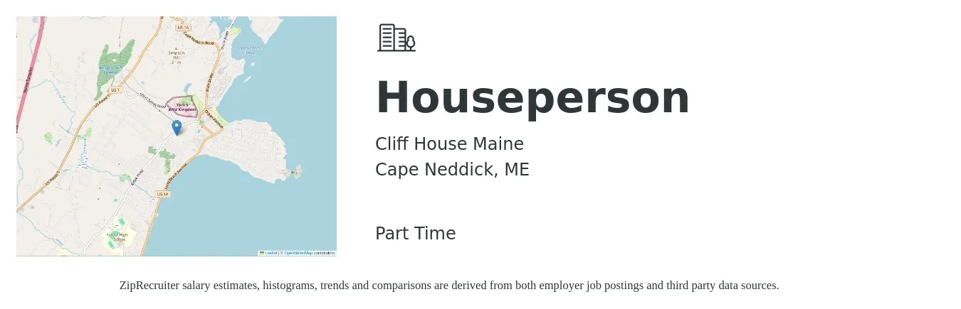 Cliff House Maine job posting for a Houseperson in Cape Neddick, ME with a salary of $14 to $18 Hourly with a map of Cape Neddick location.