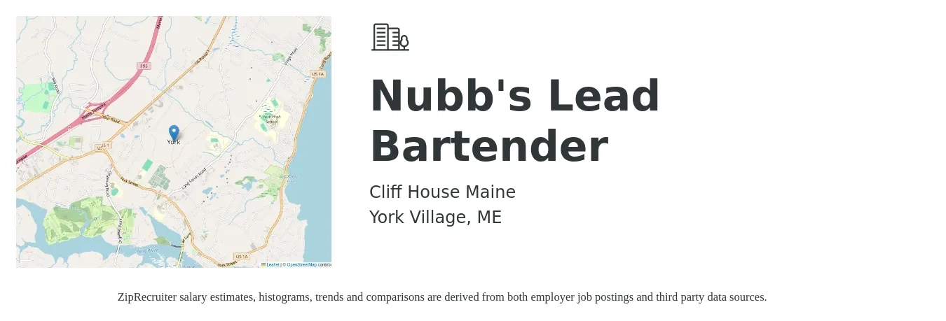 Cliff House Maine job posting for a Nubb's Lead Bartender in York Village, ME with a salary of $10 to $18 Hourly with a map of York Village location.