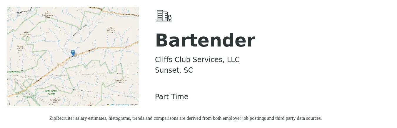 Cliffs Club Services, LLC job posting for a Bartender in Sunset, SC with a salary of $9 to $17 Hourly with a map of Sunset location.