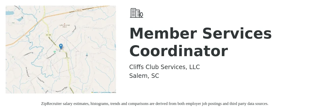 Cliffs Club Services, LLC job posting for a Member Services Coordinator in Salem, SC with a salary of $14 to $19 Hourly with a map of Salem location.