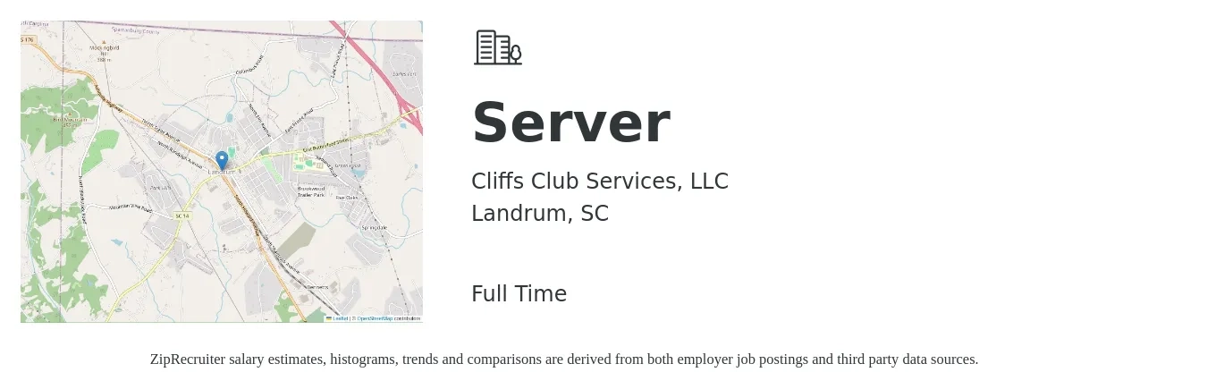 Cliffs Club Services, LLC job posting for a Server in Landrum, SC with a salary of $10 to $17 Hourly with a map of Landrum location.