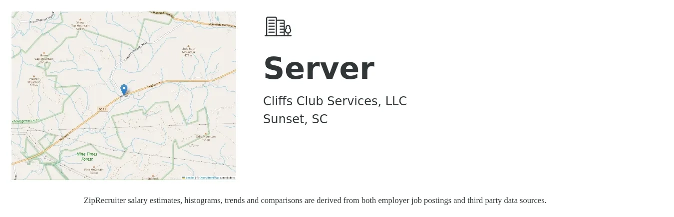 Cliffs Club Services, LLC job posting for a Server in Sunset, SC with a salary of $10 to $16 Hourly with a map of Sunset location.