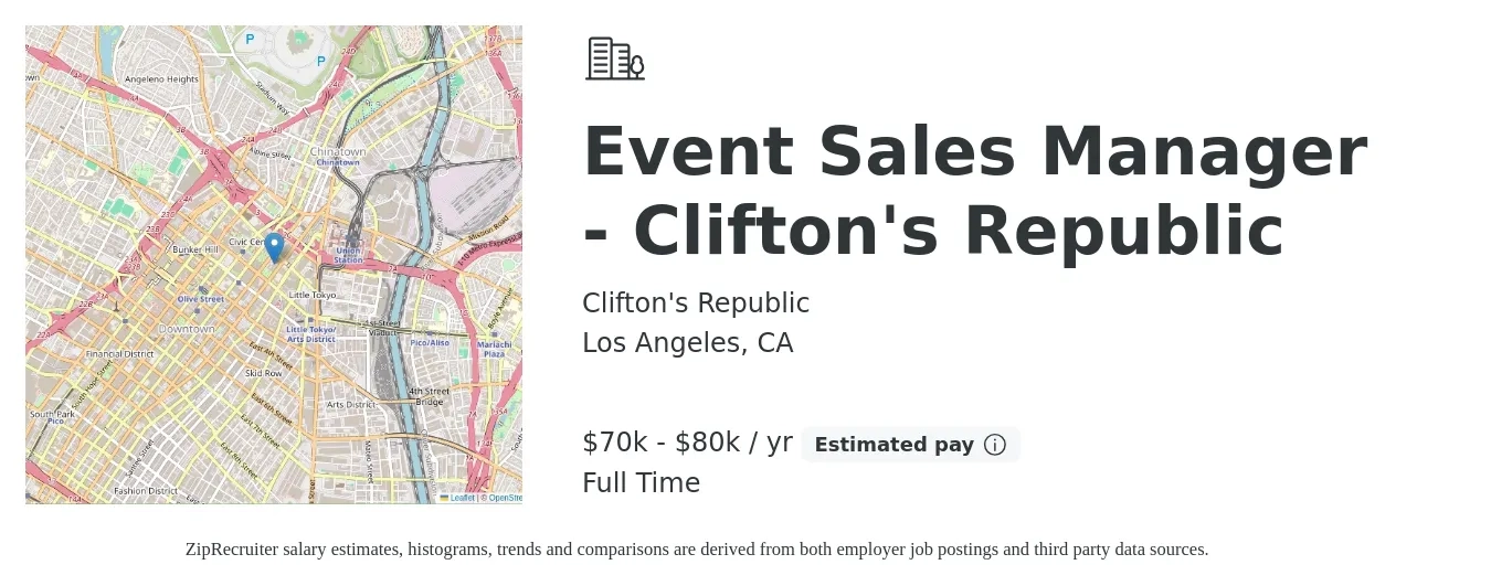 Clifton's Republic job posting for a Event Sales Manager - Clifton's Republic in Los Angeles, CA with a salary of $70,000 to $80,000 Yearly with a map of Los Angeles location.