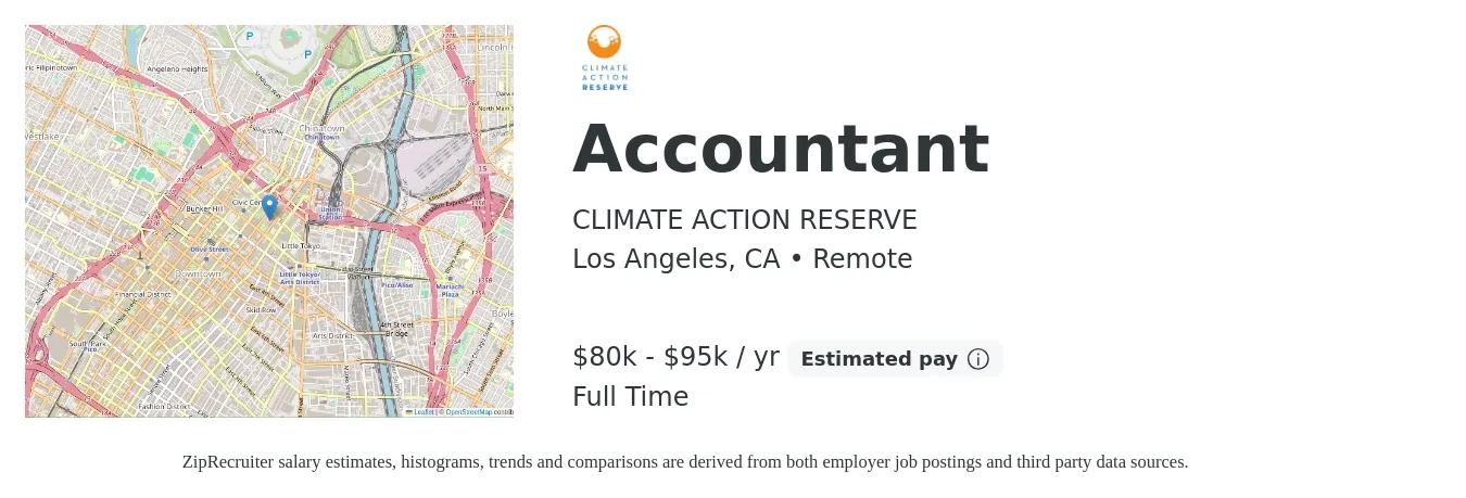 CLIMATE ACTION RESERVE job posting for a Accountant in Los Angeles, CA with a salary of $80,000 to $95,000 Yearly with a map of Los Angeles location.