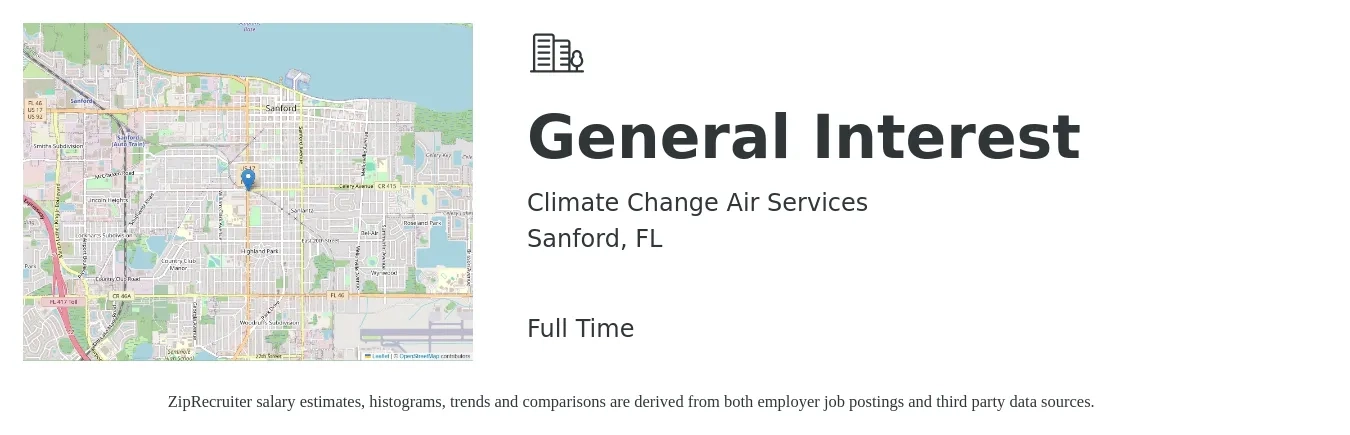 Climate Change Air Services job posting for a General Interest in Sanford, FL with a salary of $14 to $36 Hourly with a map of Sanford location.