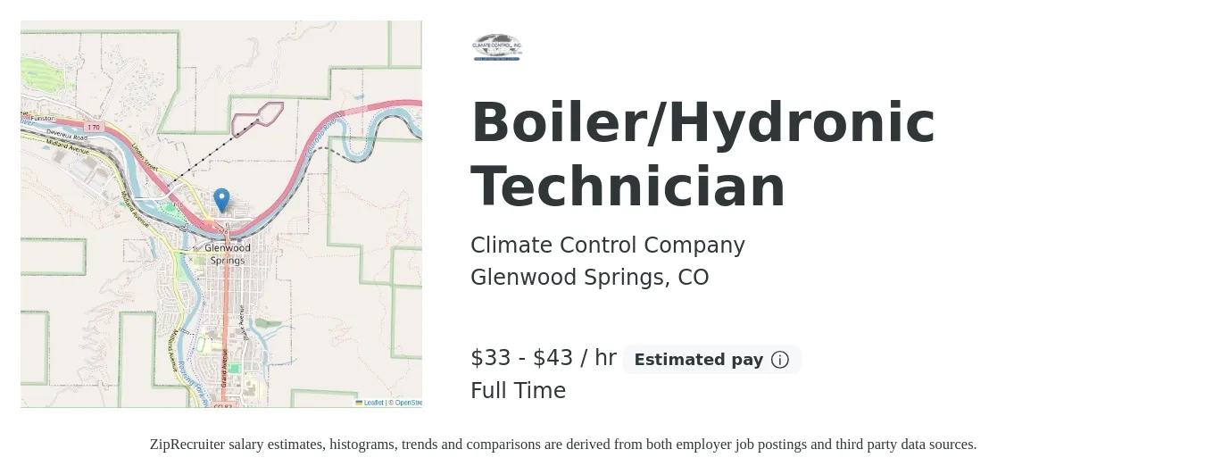 Climate Control Company job posting for a Boiler/Hydronic Technician in Glenwood Springs, CO with a salary of $35 to $45 Hourly with a map of Glenwood Springs location.