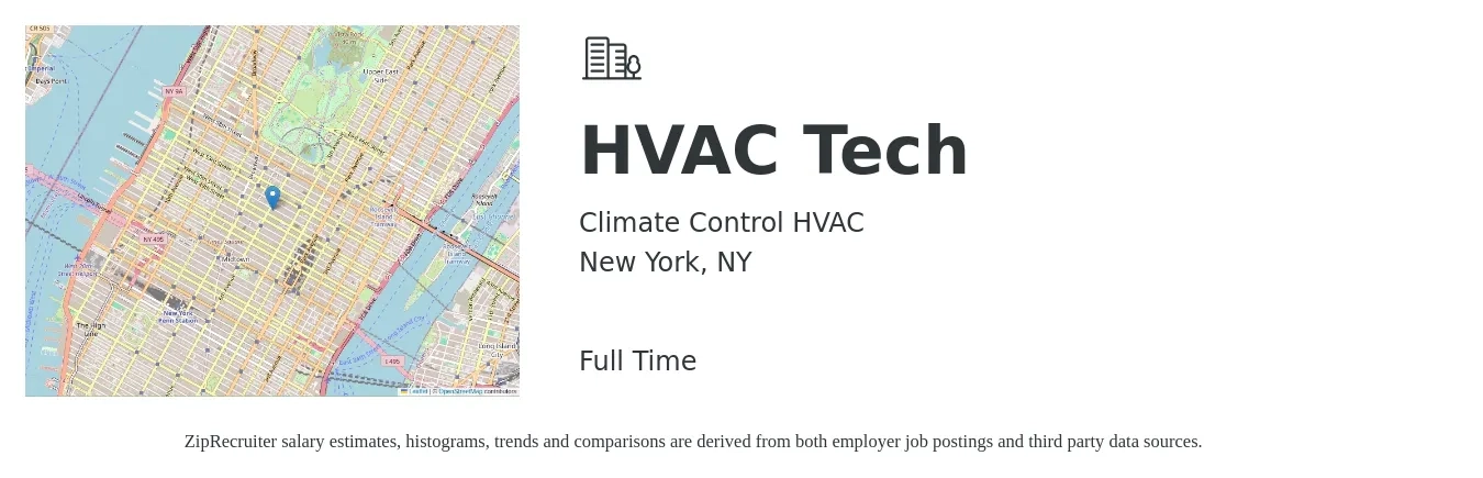 Climate Control HVAC job posting for a HVAC Tech in New York, NY with a salary of $25 to $36 Hourly with a map of New York location.