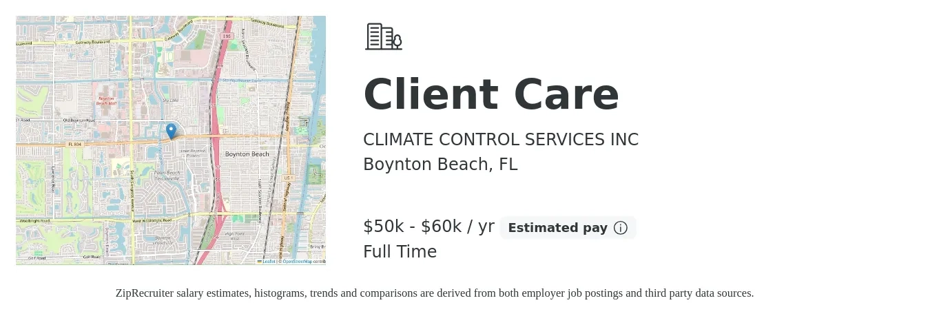 CLIMATE CONTROL SERVICES INC job posting for a Client Care in Boynton Beach, FL with a salary of $50,000 to $60,000 Yearly with a map of Boynton Beach location.