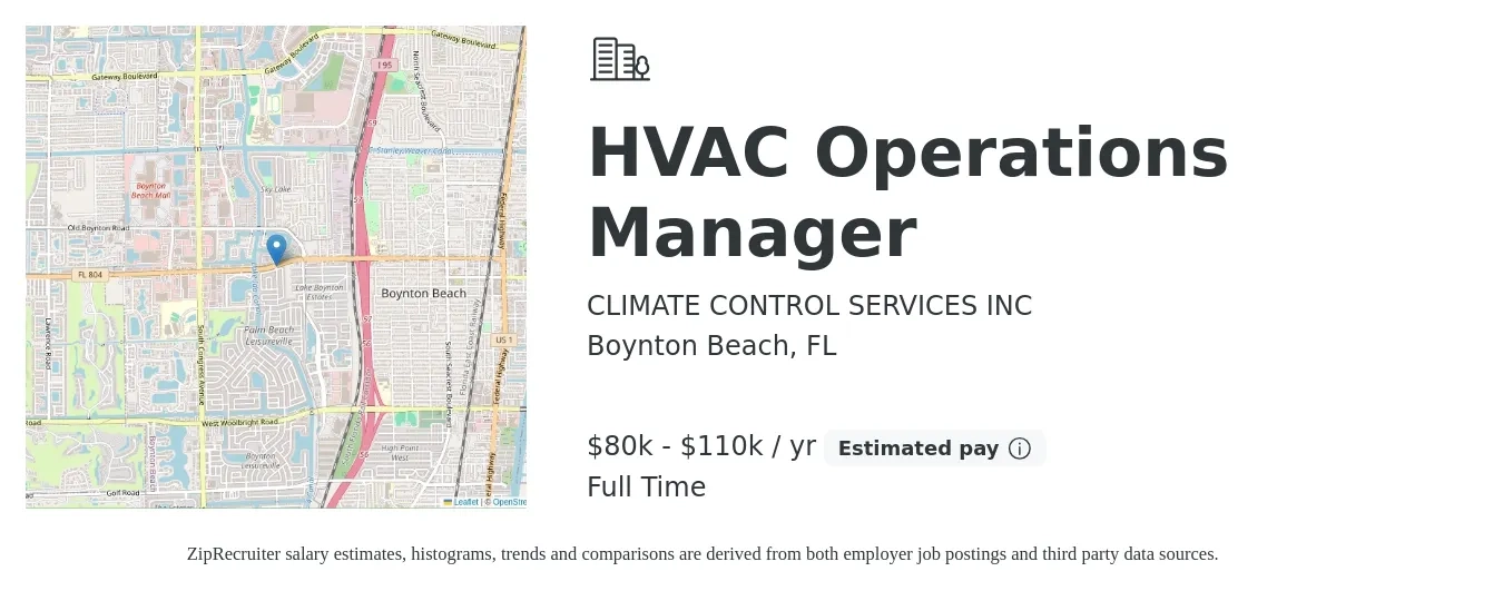 CLIMATE CONTROL SERVICES INC job posting for a HVAC Operations Manager in Boynton Beach, FL with a salary of $90,000 to $180,000 Yearly with a map of Boynton Beach location.
