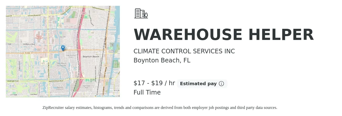 CLIMATE CONTROL SERVICES INC job posting for a WAREHOUSE HELPER in Boynton Beach, FL with a salary of $18 to $20 Hourly with a map of Boynton Beach location.