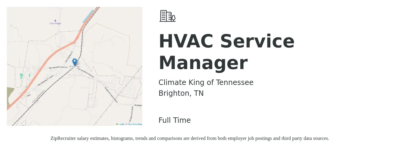 Climate King of Tennessee job posting for a HVAC Service Manager in Brighton, TN with a salary of $61,400 to $89,800 Yearly with a map of Brighton location.