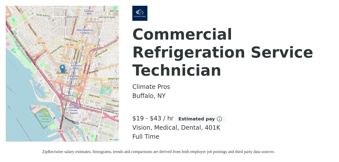 Climate Pros job posting for a Commercial Refrigeration Service Technician in Buffalo, NY with a salary of $20 to $45 Hourly and benefits including life_insurance, medical, vision, 401k, and dental with a map of Buffalo location.