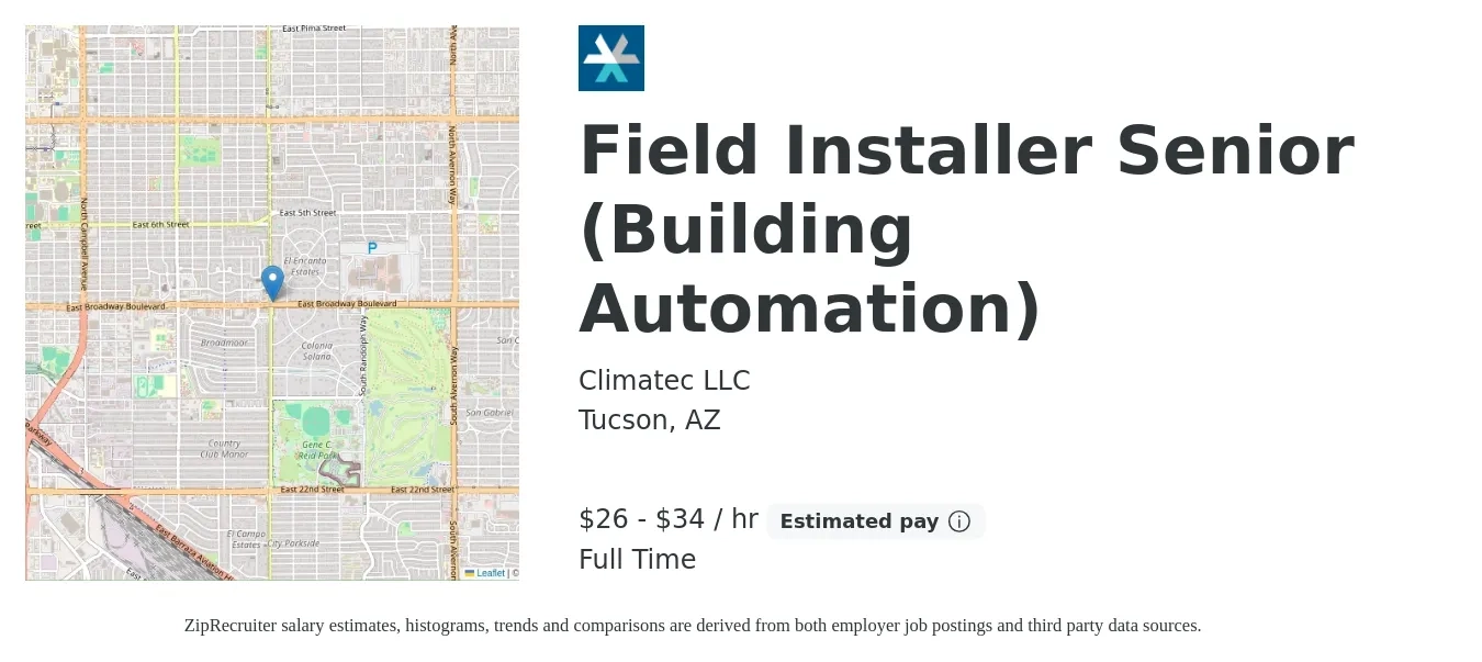 Climatec LLC job posting for a Field Installer Senior (Building Automation) in Tucson, AZ with a salary of $28 to $36 Hourly with a map of Tucson location.