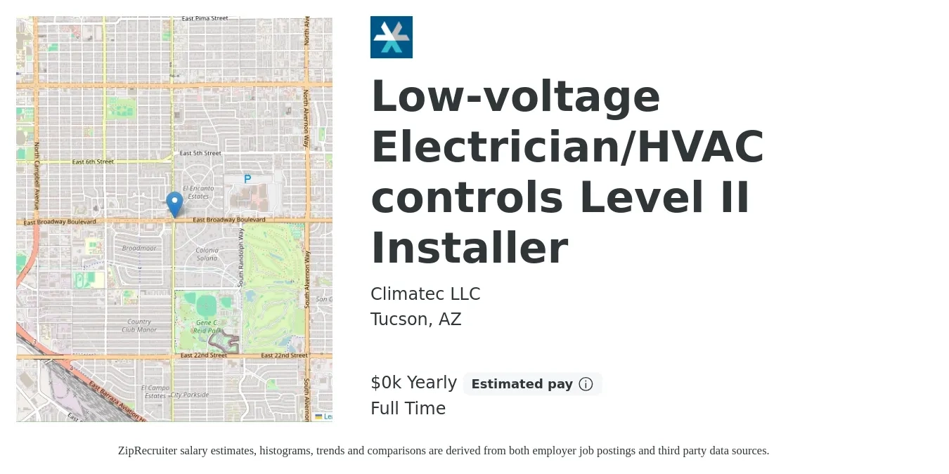 Climatec LLC job posting for a Low-voltage Electrician/HVAC controls Level II Installer in Tucson, AZ with a salary of $22 to $29 Yearly with a map of Tucson location.