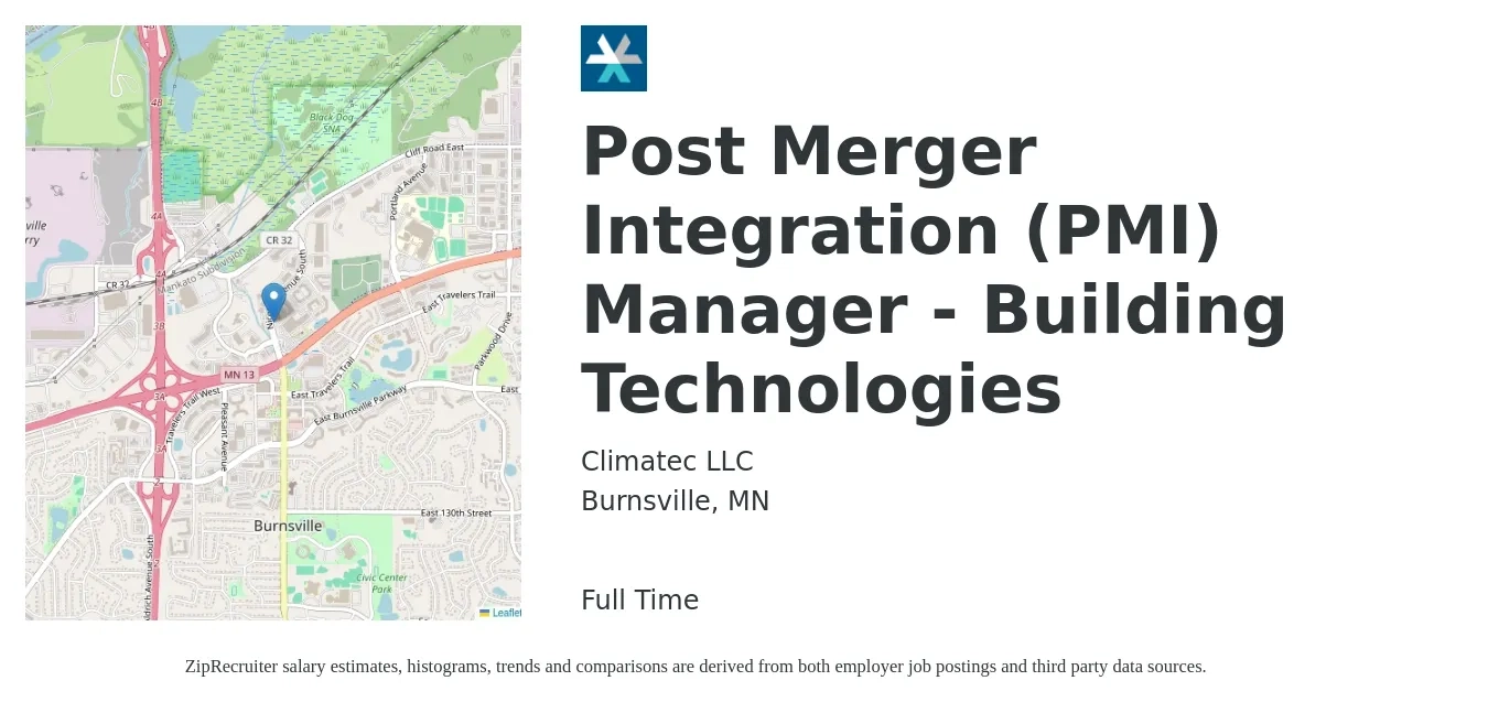Climatec LLC job posting for a Post Merger Integration (PMI) Manager - Building Technologies in Burnsville, MN with a salary of $82,400 to $136,500 Yearly with a map of Burnsville location.