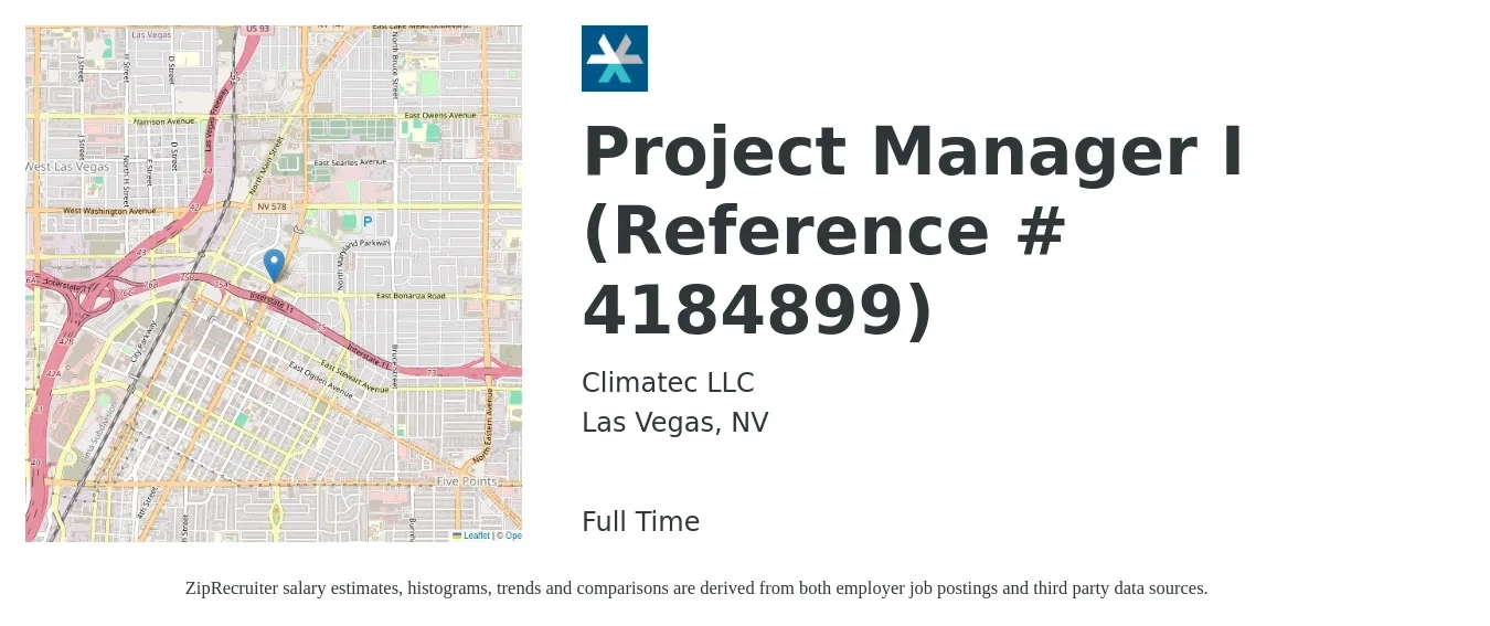 Climatec LLC job posting for a Project Manager I (Reference # 4184899) in Las Vegas, NV with a salary of $109,054 Yearly with a map of Las Vegas location.