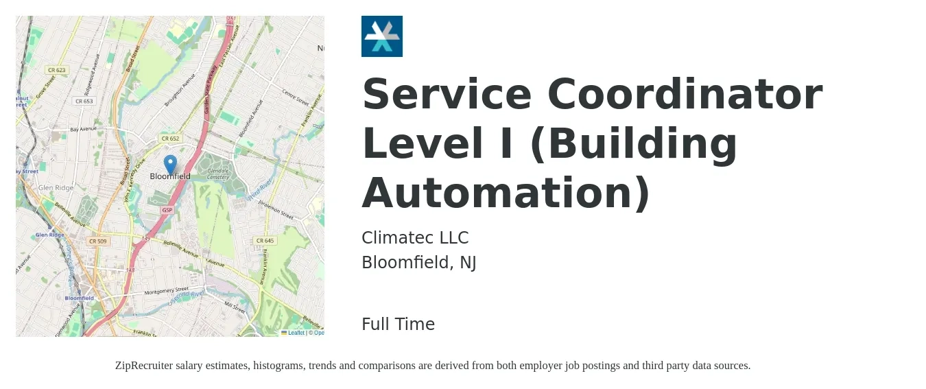 Climatec LLC job posting for a Service Coordinator Level I (Building Automation) in Bloomfield, NJ with a salary of $20 to $28 Hourly with a map of Bloomfield location.
