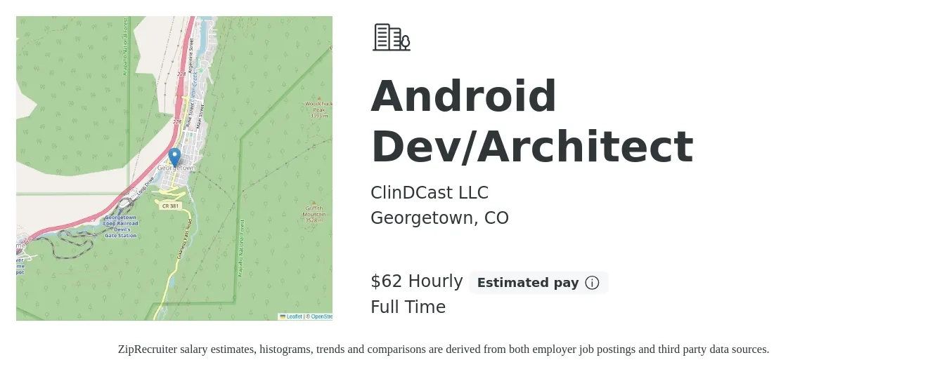 ClinDCast LLC job posting for a Android Dev/Architect in Georgetown, CO with a salary of $65 Hourly with a map of Georgetown location.
