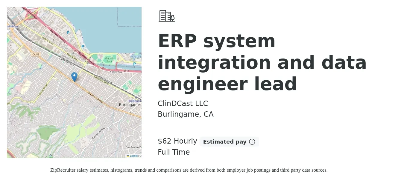 ClinDCast LLC job posting for a ERP system integration and data engineer lead in Burlingame, CA with a salary of $65 Hourly with a map of Burlingame location.