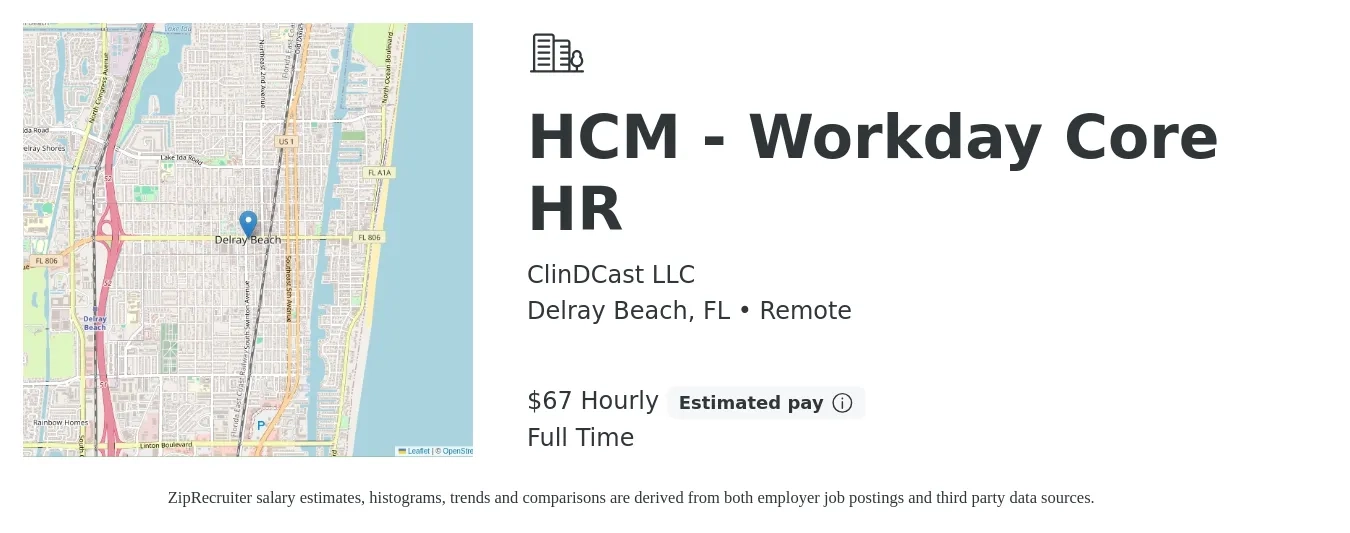ClinDCast LLC job posting for a HCM - Workday Core HR in Delray Beach, FL with a salary of $70 Hourly with a map of Delray Beach location.