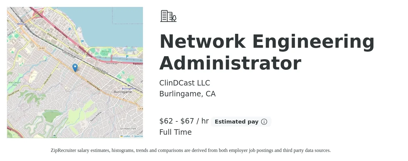 ClinDCast LLC job posting for a Network Engineering Administrator in Burlingame, CA with a salary of $65 to $70 Hourly with a map of Burlingame location.
