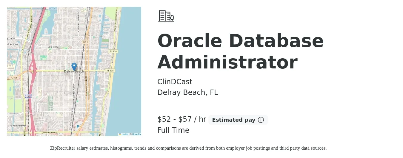 ClinDCast LLC job posting for a Oracle Database Administrator in Delray Beach, FL with a salary of $55 to $60 Hourly with a map of Delray Beach location.