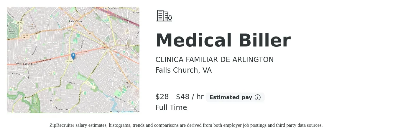 CLINICA FAMILIAR DE ARLINGTON job posting for a Medical Biller in Falls Church, VA with a salary of $30 to $50 Hourly with a map of Falls Church location.