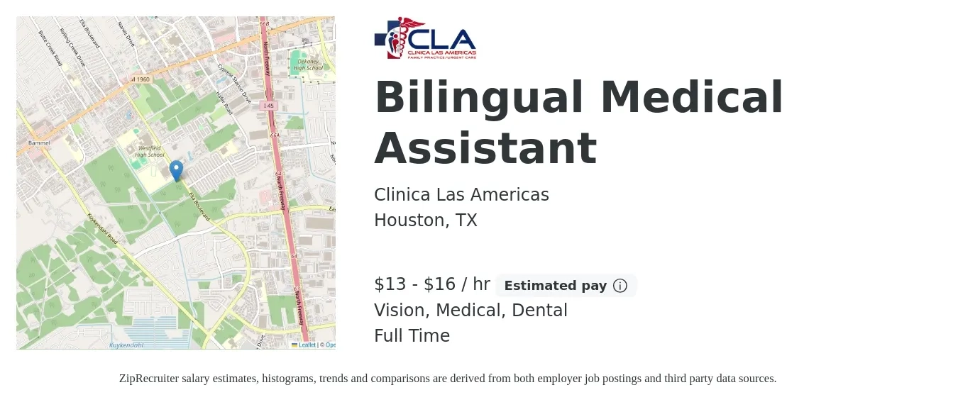 Clinica Las Americas job posting for a Bilingual Medical Assistant in Houston, TX with a salary of $14 to $17 Hourly and benefits including medical, retirement, vision, and dental with a map of Houston location.