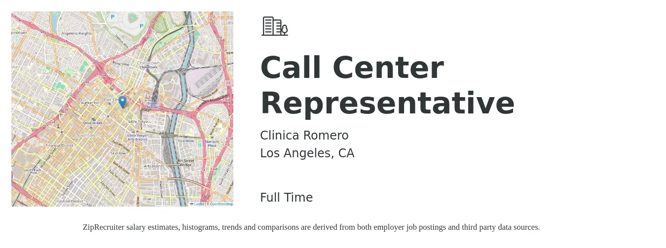 Clinica Romero job posting for a Call Center Representative in Los Angeles, CA with a salary of $21 Hourly with a map of Los Angeles location.